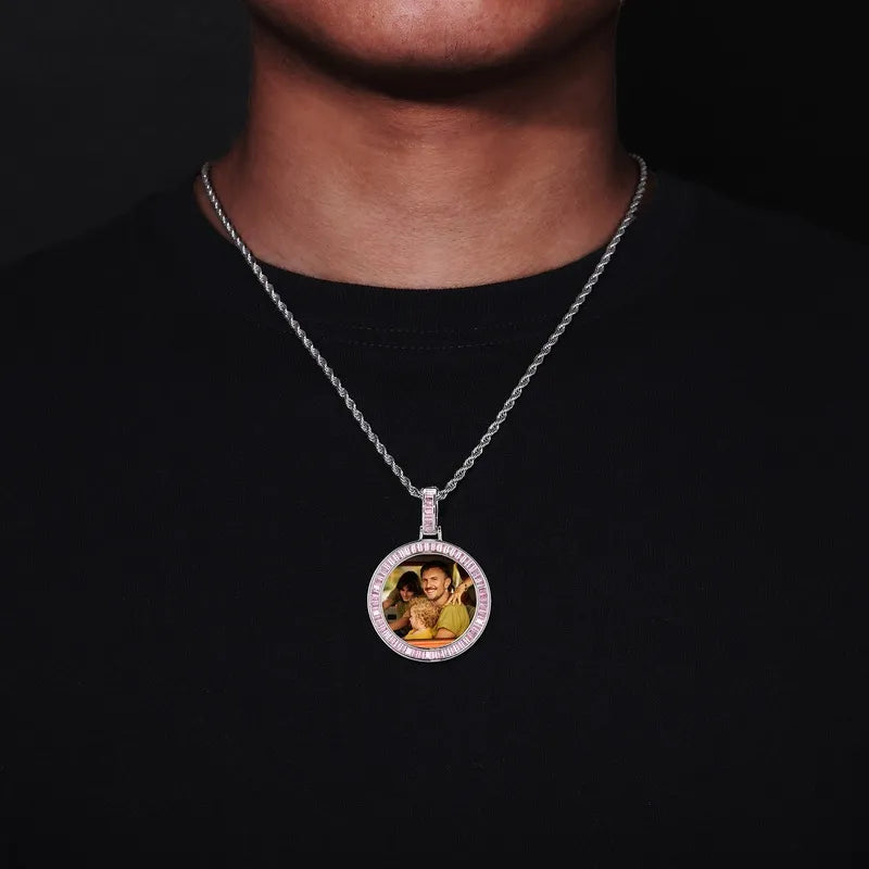 Custom Photo Pink Diamond Round Pendant in White Gold - 38mm