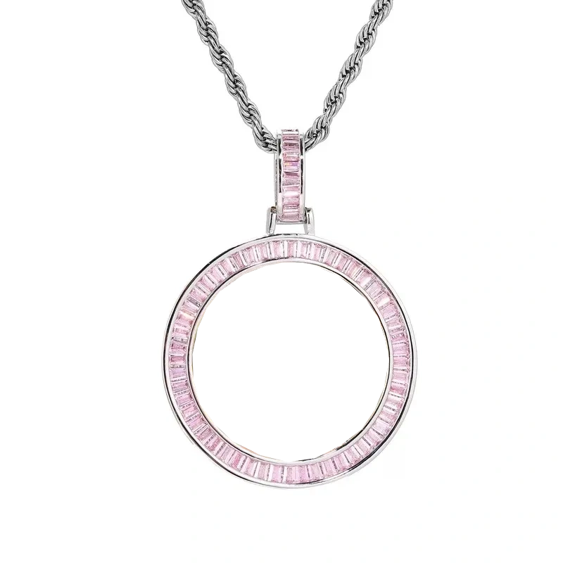 Custom Photo Pink Diamond Round Pendant in White Gold - 38mm
