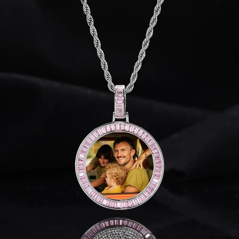 Custom Photo Pink Diamond Round Pendant in White Gold - 38mm