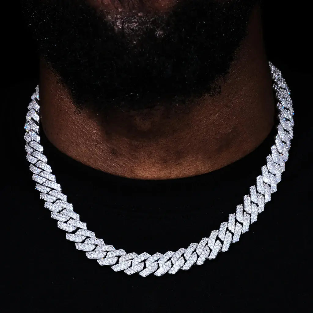 14MM 2ROW PRONG CUBAN LINK NECKLACE + BRACELET BUNDLE IN WHITE GOLD