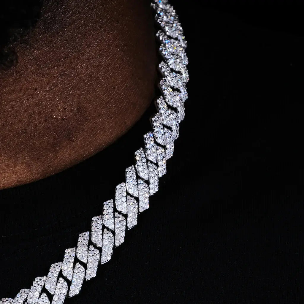 14MM 2Row Prong Cuban Link Necklace + Bracelet Bundle In White Gold