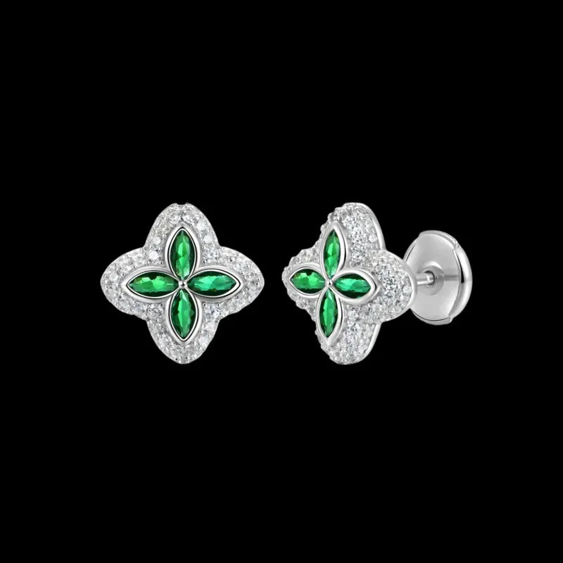 Iced Clover Earrings in Green Diamond - 13mm
