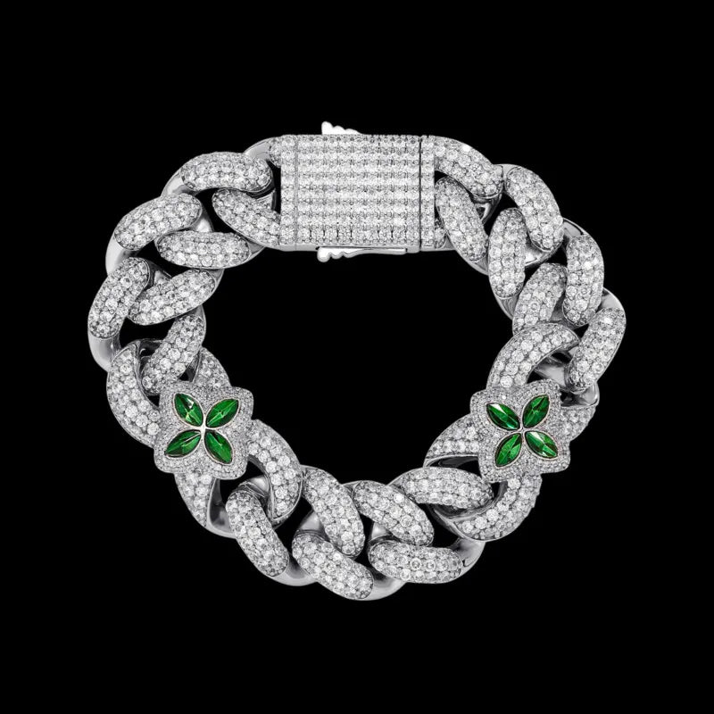Iced Clover White Gold Green Diamond Bracelet - 20mm