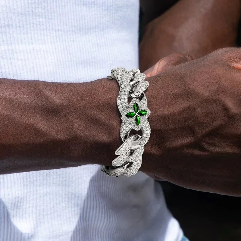 Iced Clover White Gold Green Diamond Bracelet - 20mm