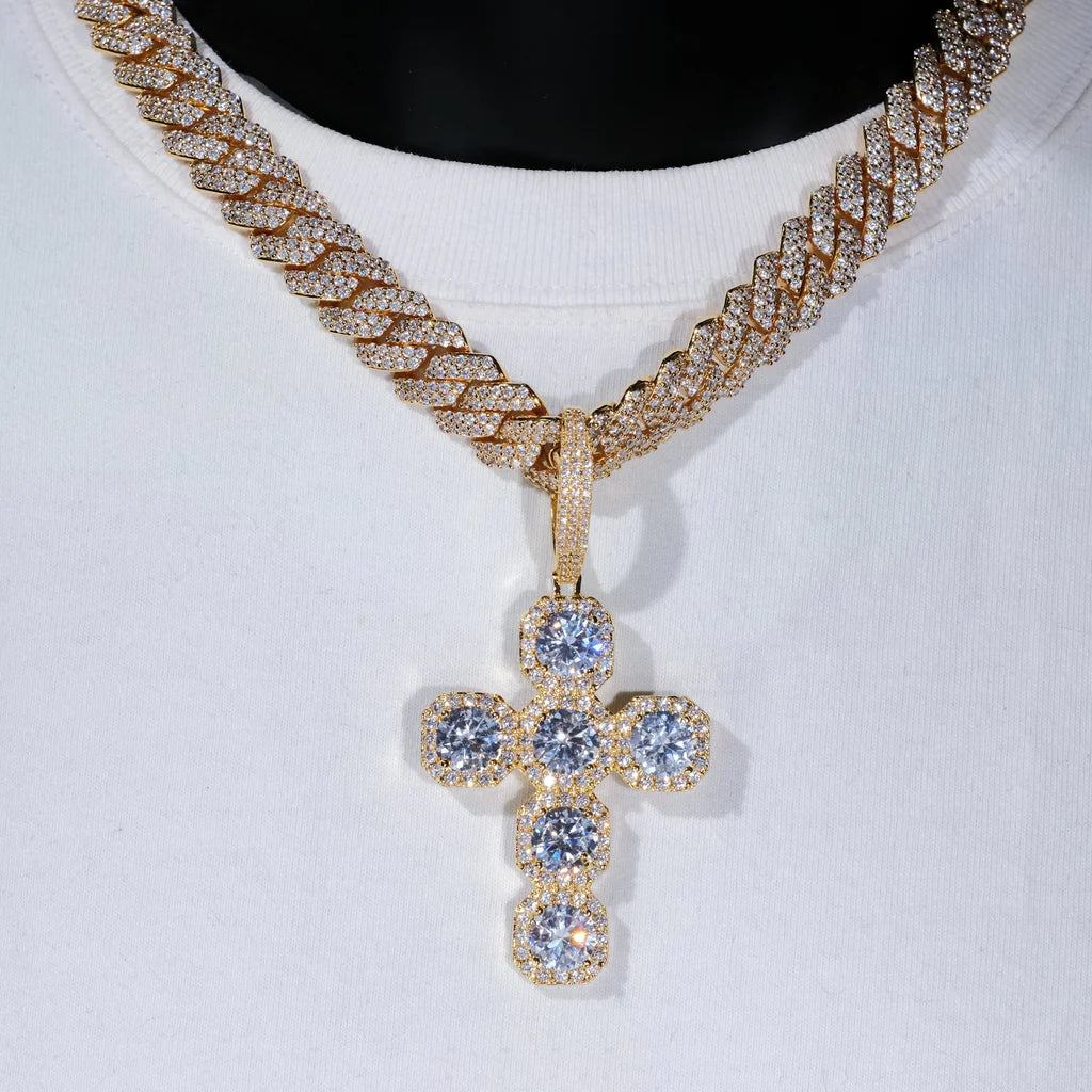 Iced Large Gemstone Cross Necklace In White Gold