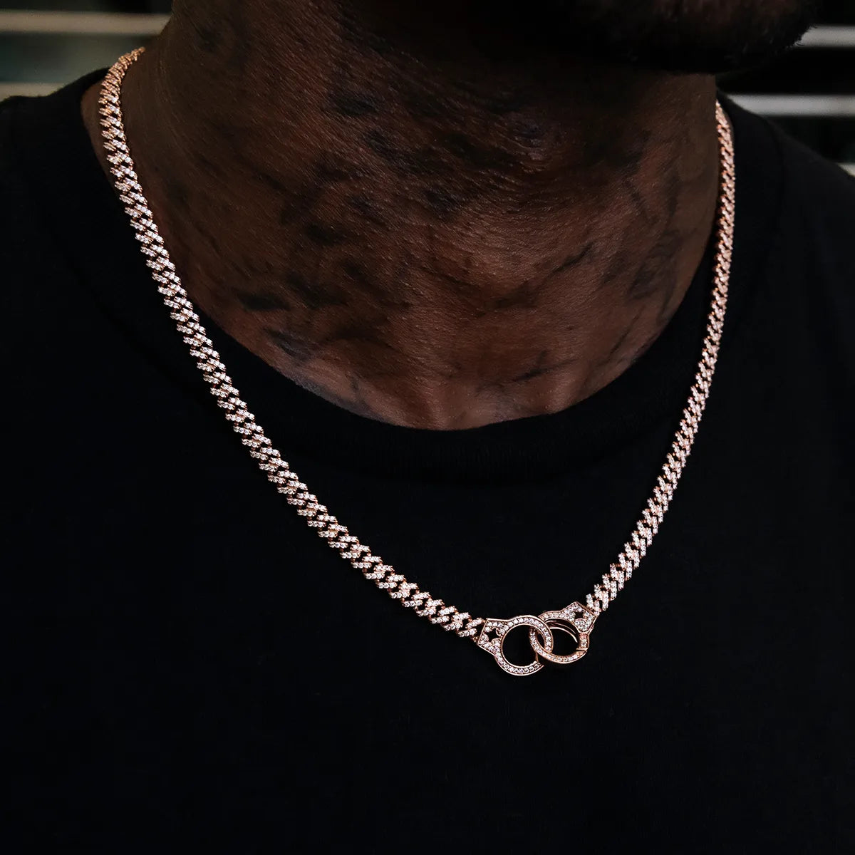 Iced Handcuff Diamond Prong Cuban Chain in Rose Gold - 6mm, Color: Rose Gold, Width: 6mm, Size 16" 18" 20" 22", Material: 14k Gold Plated, - TONGSHOP
