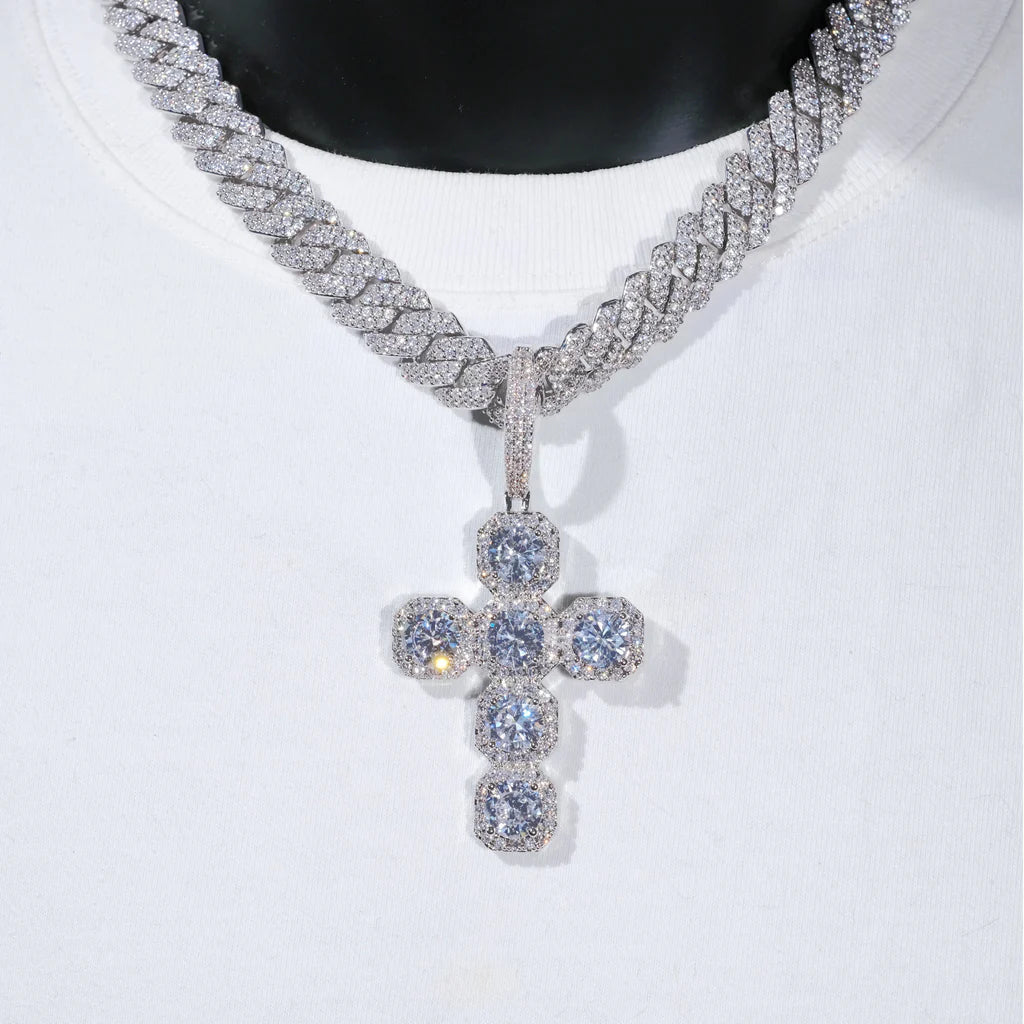Iced Large Gemstone Cross Necklace in White Gold