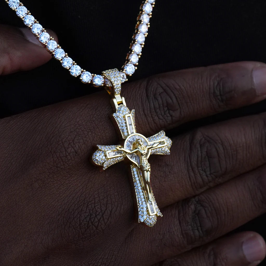 Jesus Crucifix Baguette Cross Necklace In Yellow Gold