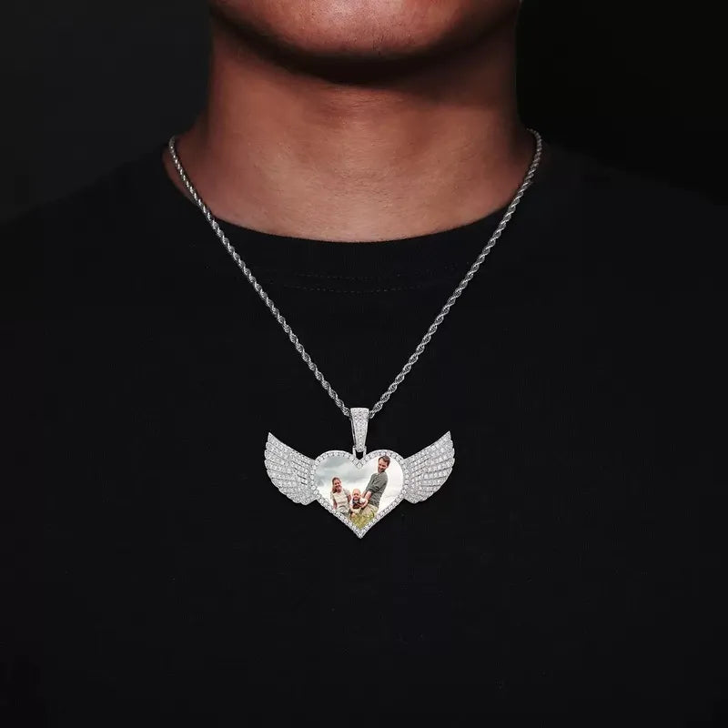Micro-Inlaid Customized Photo Heart Wings Pendant in 14k Gold - 25mm