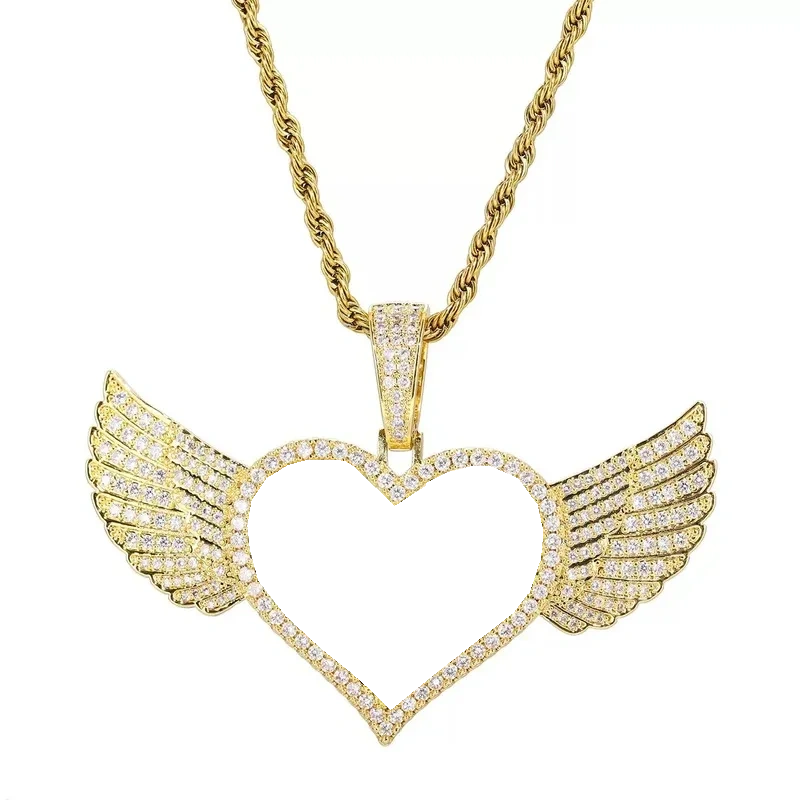 Micro-Inlaid Customized Photo Heart Wings Pendant in 18k Gold - 25mm