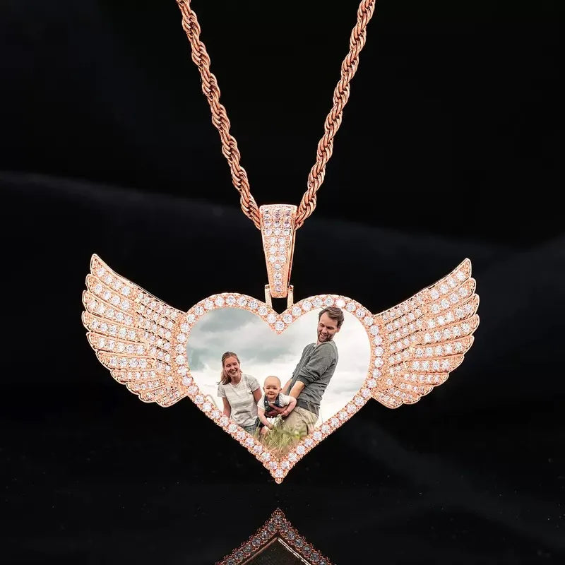 Micro-Inlaid Customized Photo Heart Wings Pendant in Rose Gold - 25mm