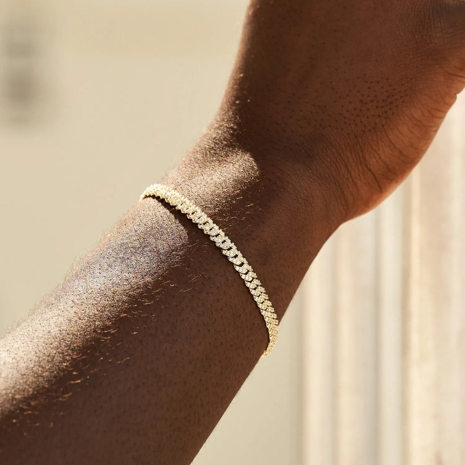 Micro Diamond Prong Cuban Bracelet in Yellow Gold - 6mm - TONGSHOP