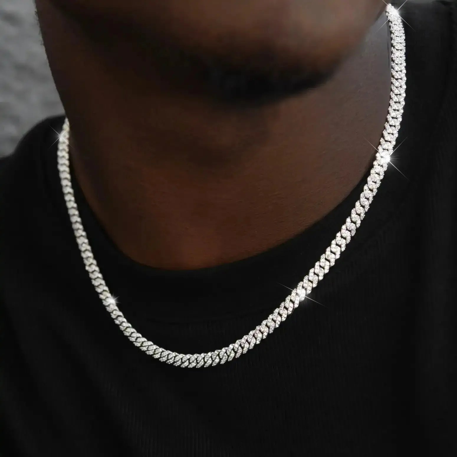 Micro Diamond Prong Cuban Necklace in White Gold 6mm, Color