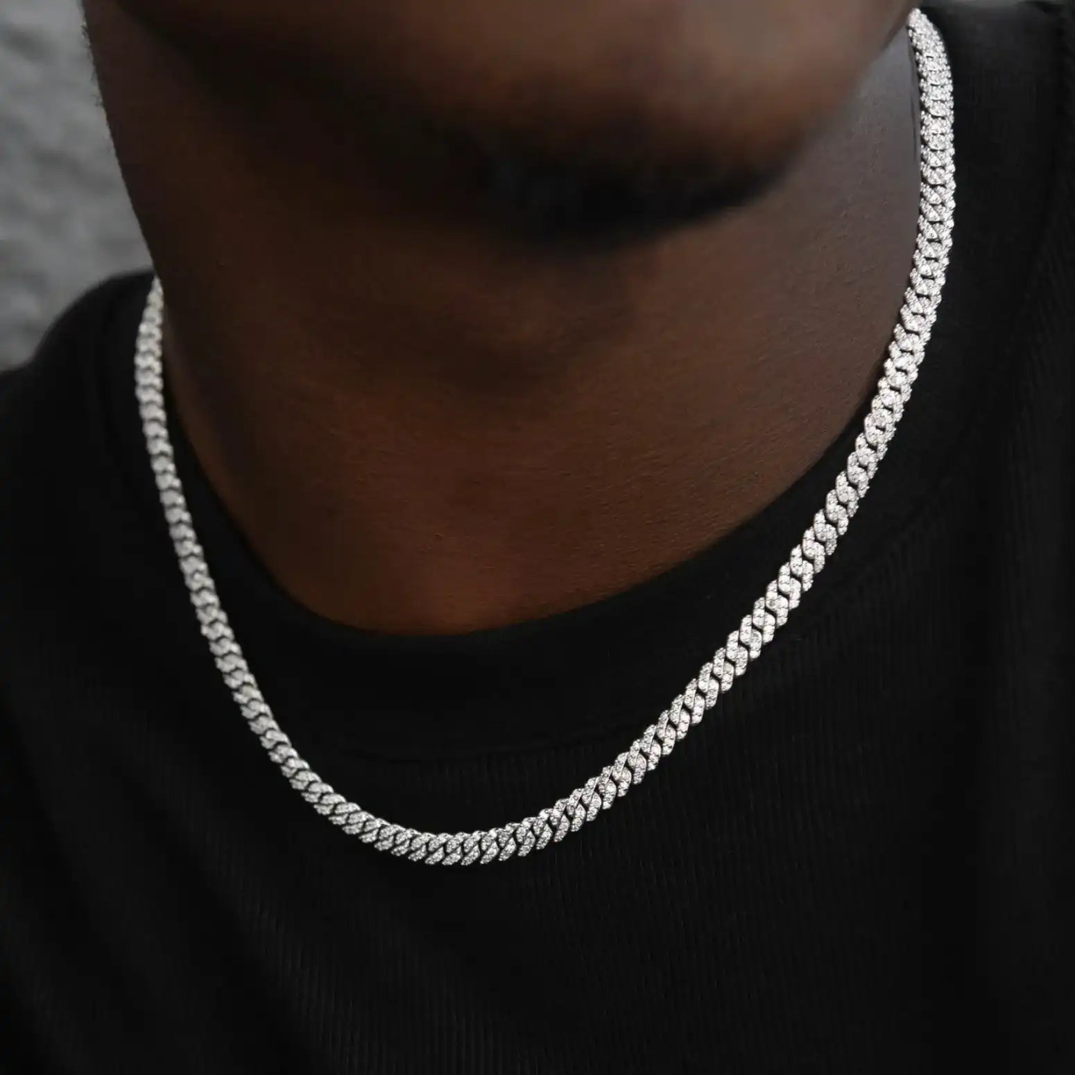 Micro Diamond Prong Cuban Necklace in White Gold - 6mm, Color: White Gold, Width: 6mm, Material: 14k White Gold Plated, Size 16" 18" 20" 22" 24", - TONGSHOP