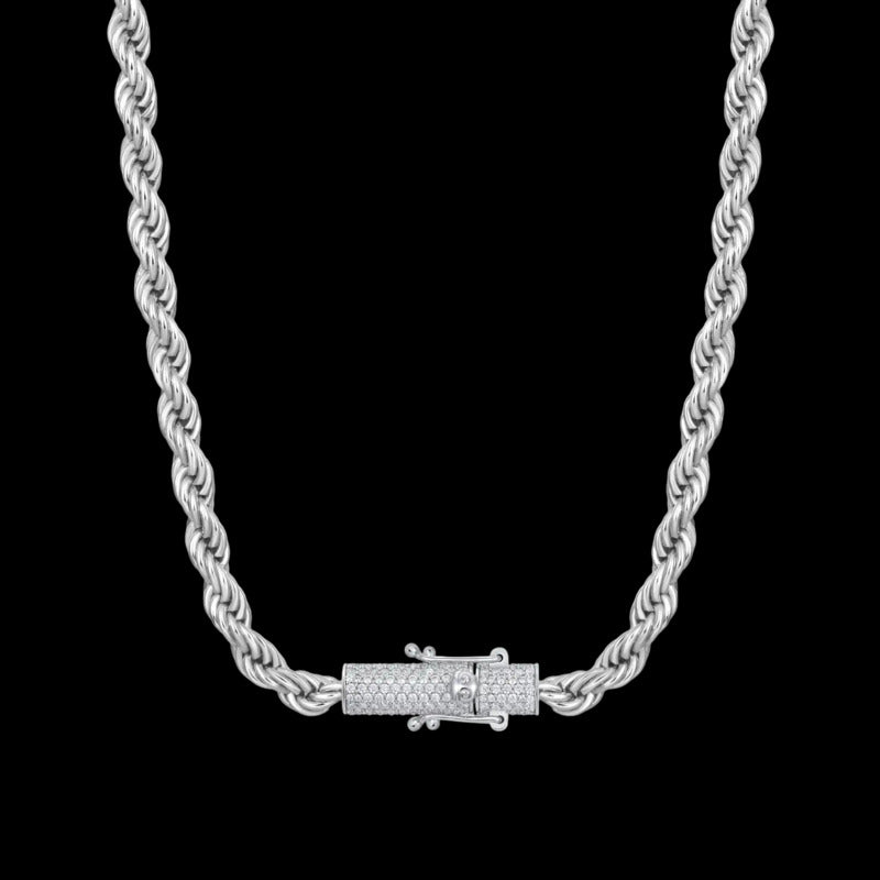 Moissanite Rope Chain Iced Clasp in White Gold - 6mm