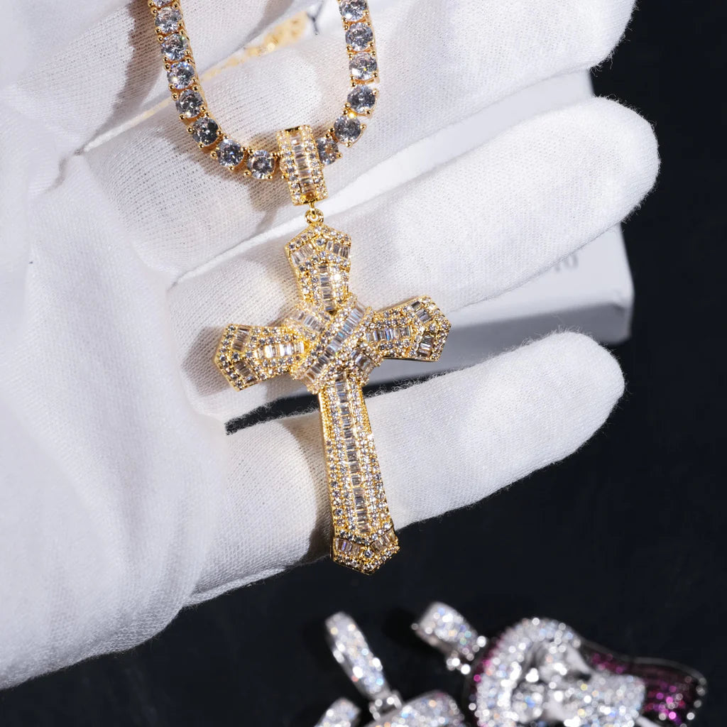 Iced Baguette Jesus Cross Necklace In White Gold