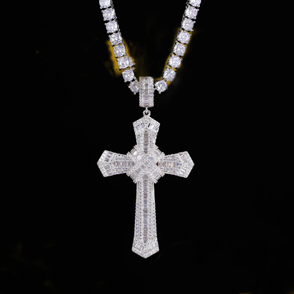 Iced Baguette Jesus Cross Necklace In White Gold