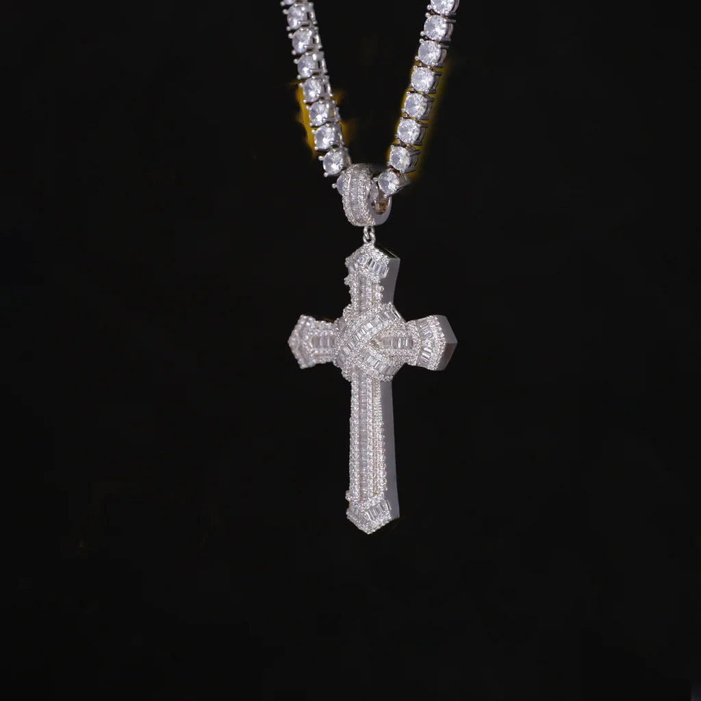 Iced Baguette Jesus Cross Necklace In White Gold