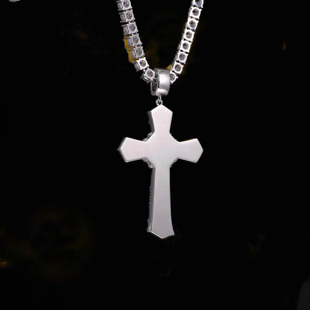 Iced Baguette Jesus Cross Necklace In White Gold