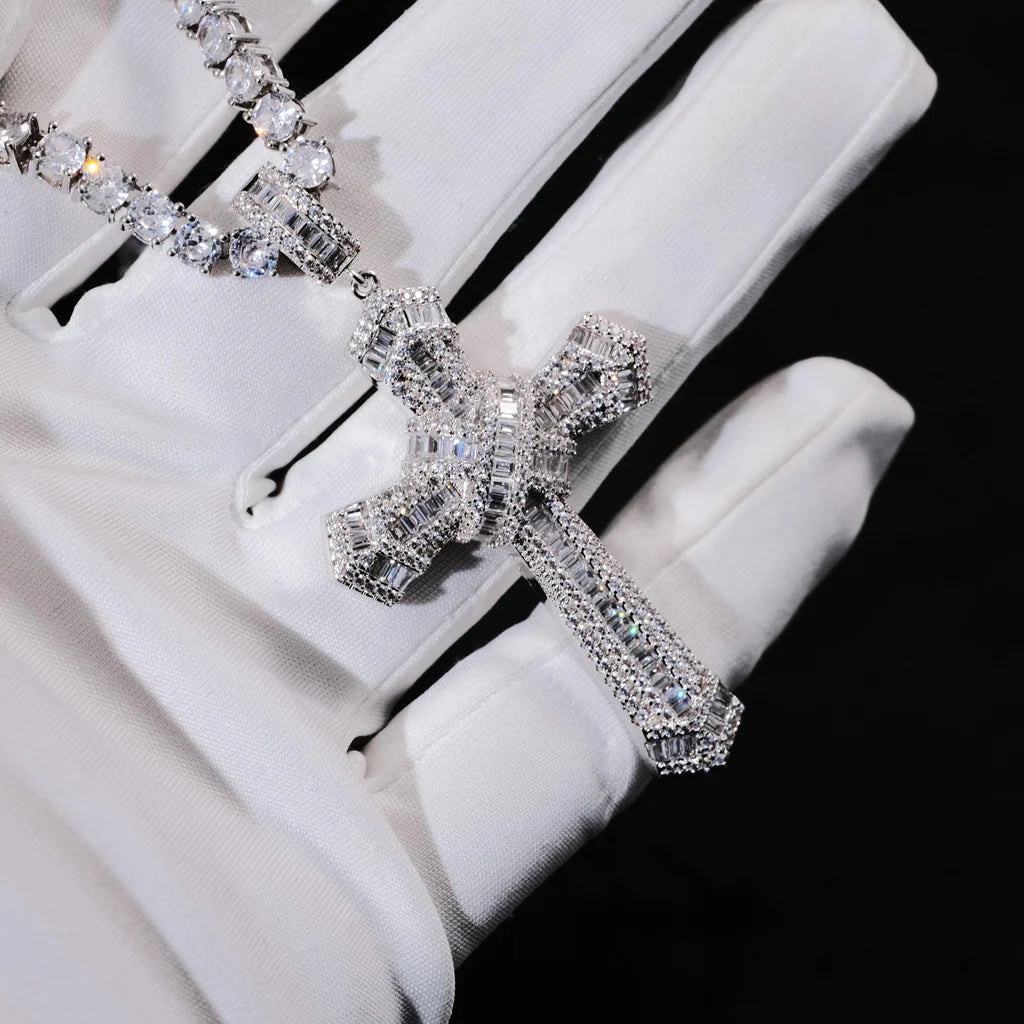 Iced Baguette Jesus Cross Necklace In White Gold