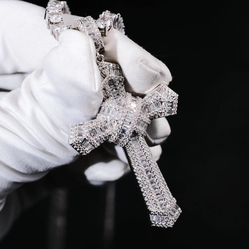 Iced Baguette Jesus Cross Necklace In White Gold