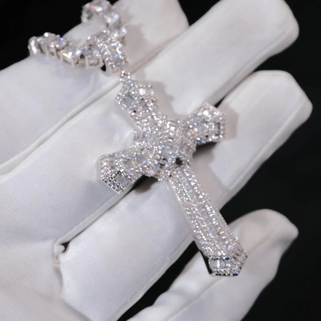 Iced Baguette Jesus Cross Necklace In White Gold