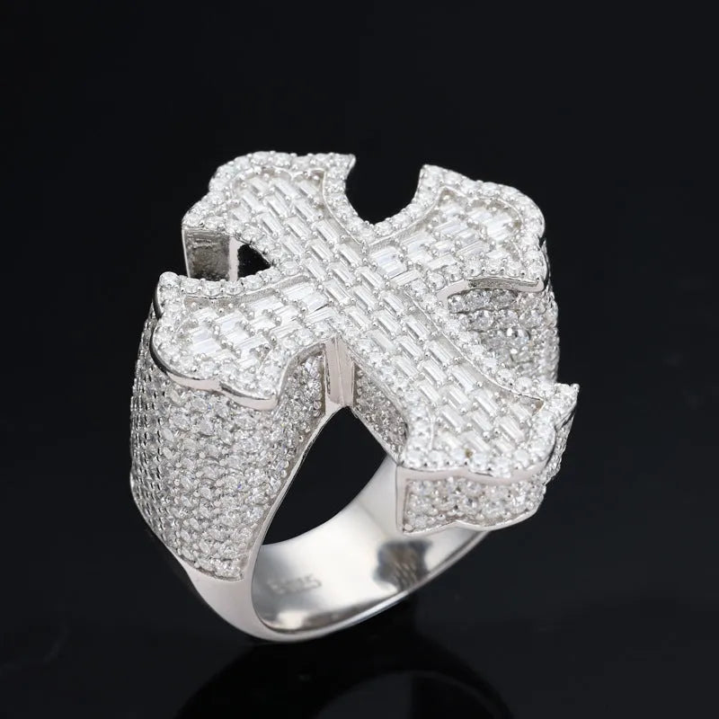 S925 VVS Moissanite Men's Hip Hop Cross T Square Diamond Ring