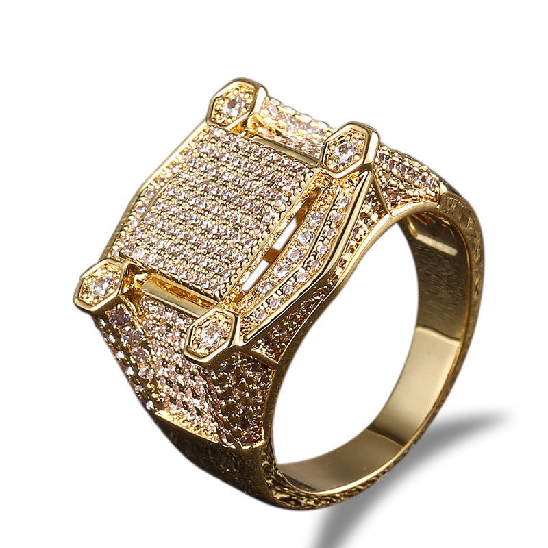 18K Gold Plated Men's Square Ring with Zirconia