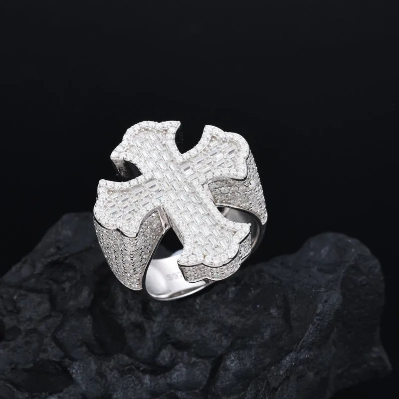 S925 VVS Moissanite Men's Hip Hop Cross T Square Diamond Ring