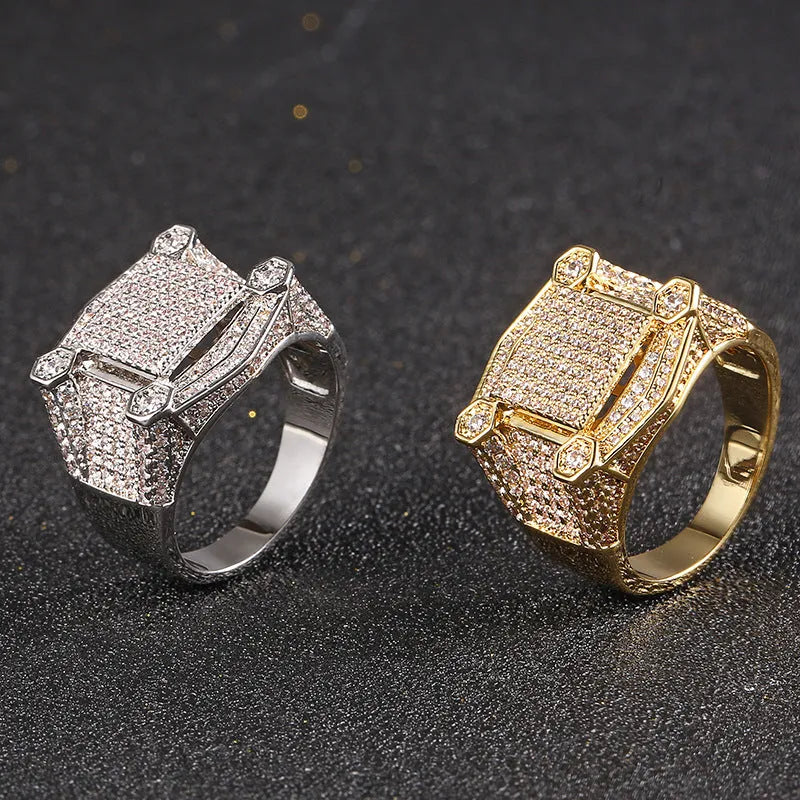 18K Gold Plated Men's Square Ring with Zirconia