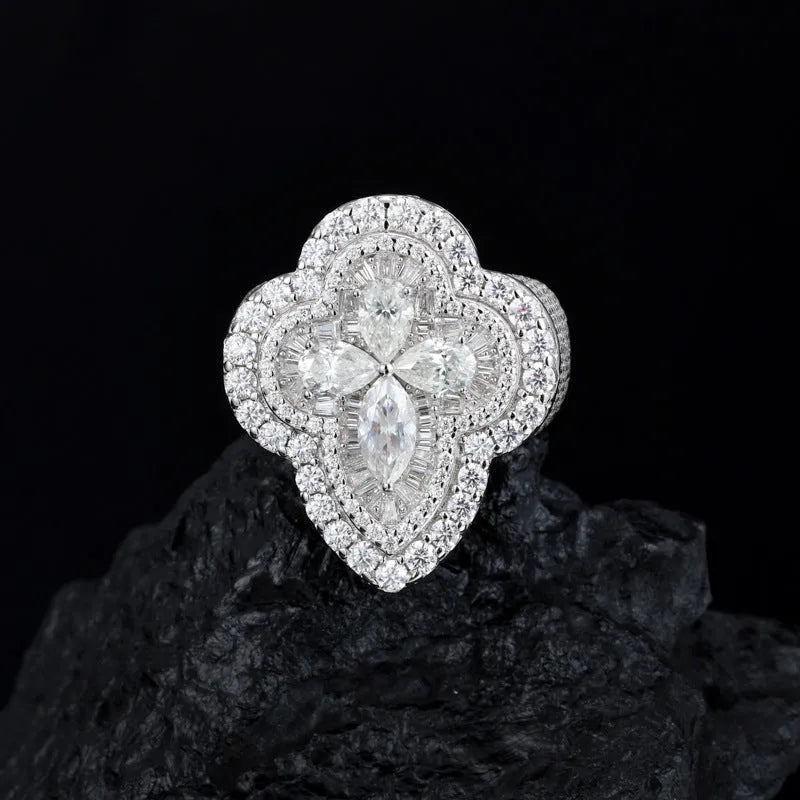 S925 VVS Moissanite Flower Shape Men's Hip Hop Ring