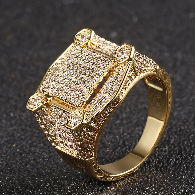 18K Gold Plated Men's Square Ring with Zirconia