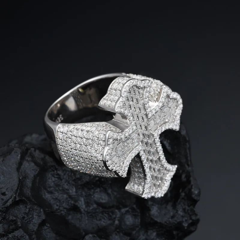 S925 VVS Moissanite Men's Hip Hop Cross T Square Diamond Ring