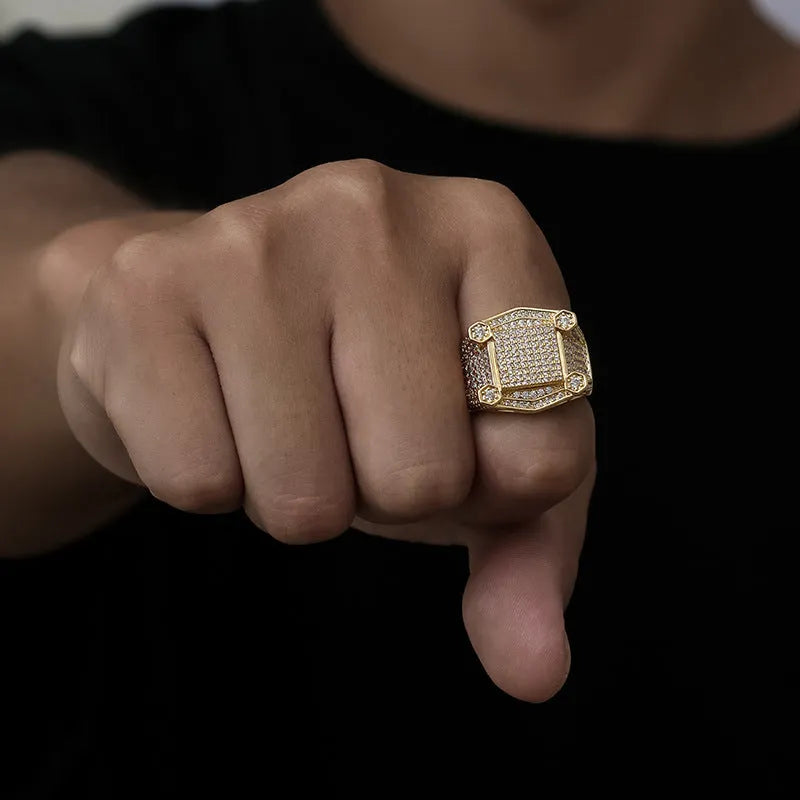 18K Gold Plated Men's Square Ring with Zirconia