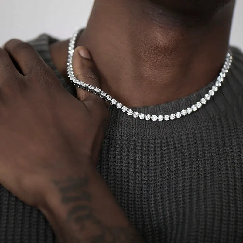 S925 sterling silver tennis ball chain full of diamonds hip-hop men and women with the same street rhinestone collarbone chain does not lose color