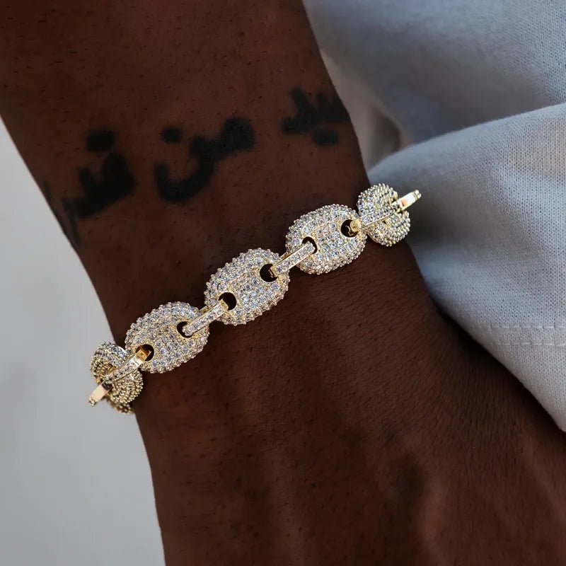 Iced Puffed Mariner Bracelet in Yellow Gold- 12mm - TONGSHOP