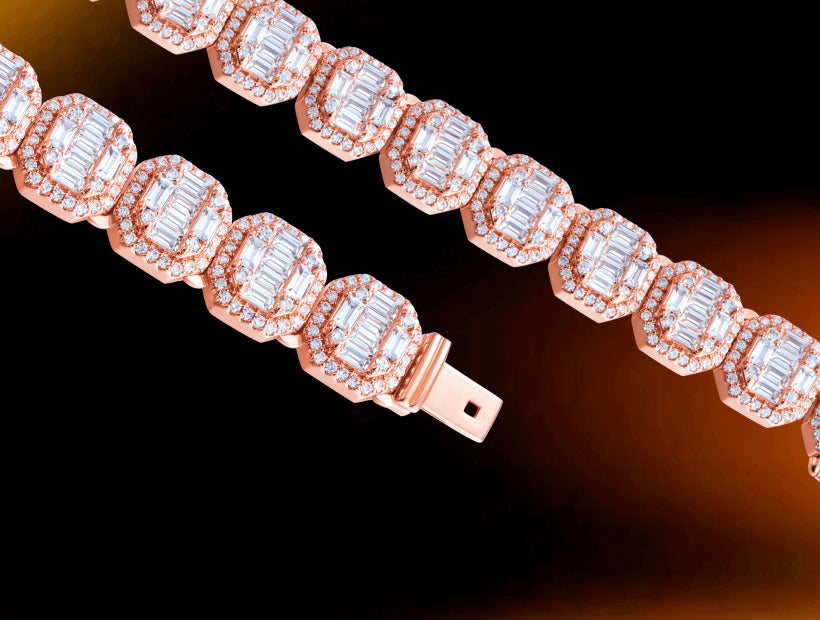 Rose gold bracelet detail on a dark background