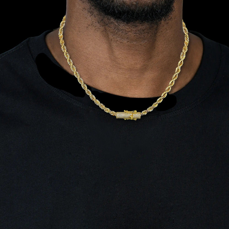 Moissanite Rope Chain Iced Clasp in Yellow Gold - 6mm