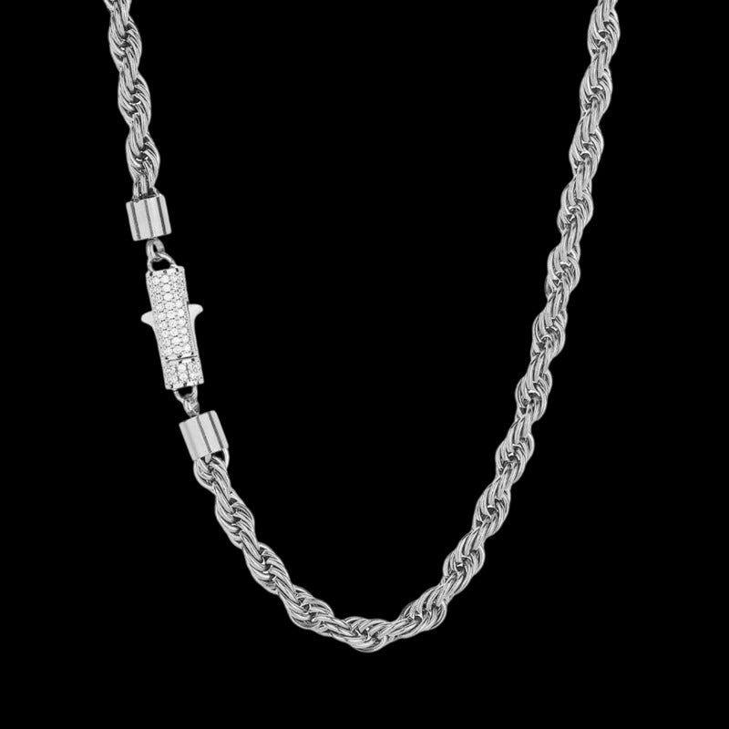 Rope Chain Iced Clasp in White Gold- 6mm