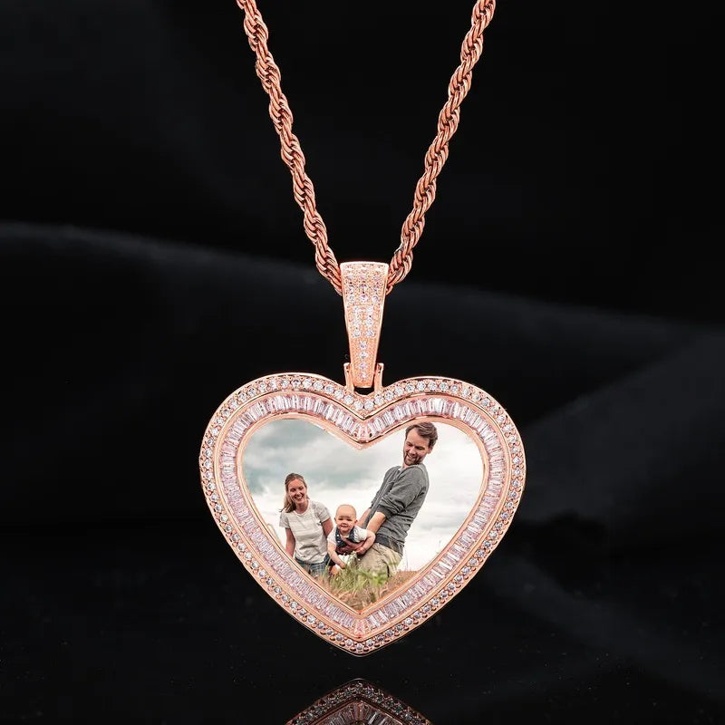 Rose Gold Custom Photo Heart T-Shaped Diamond Pendant - 42mm