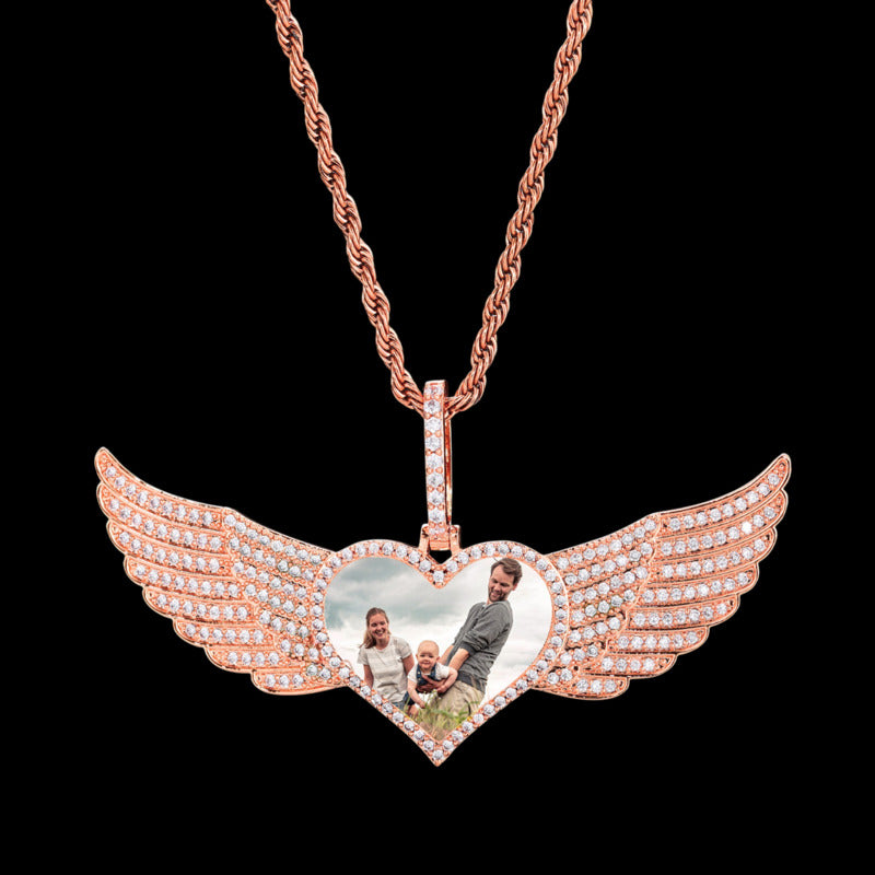 Rose Gold Large Angel Wings Photo Custom Heart Pendant - 80mm