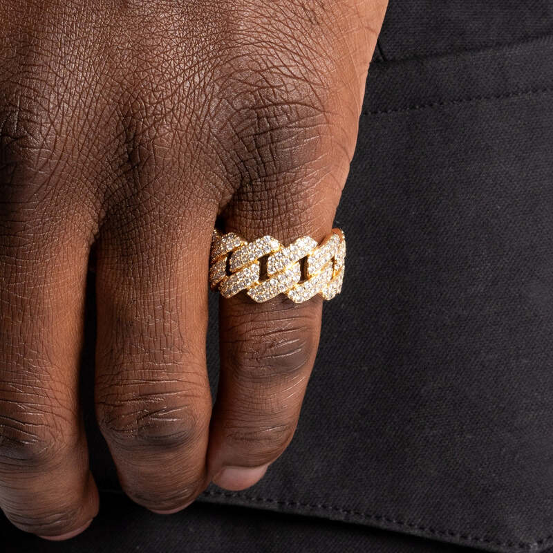 S925 VVS Moissanite Prong Cuban Ring In Yellow Gold  - 14mm