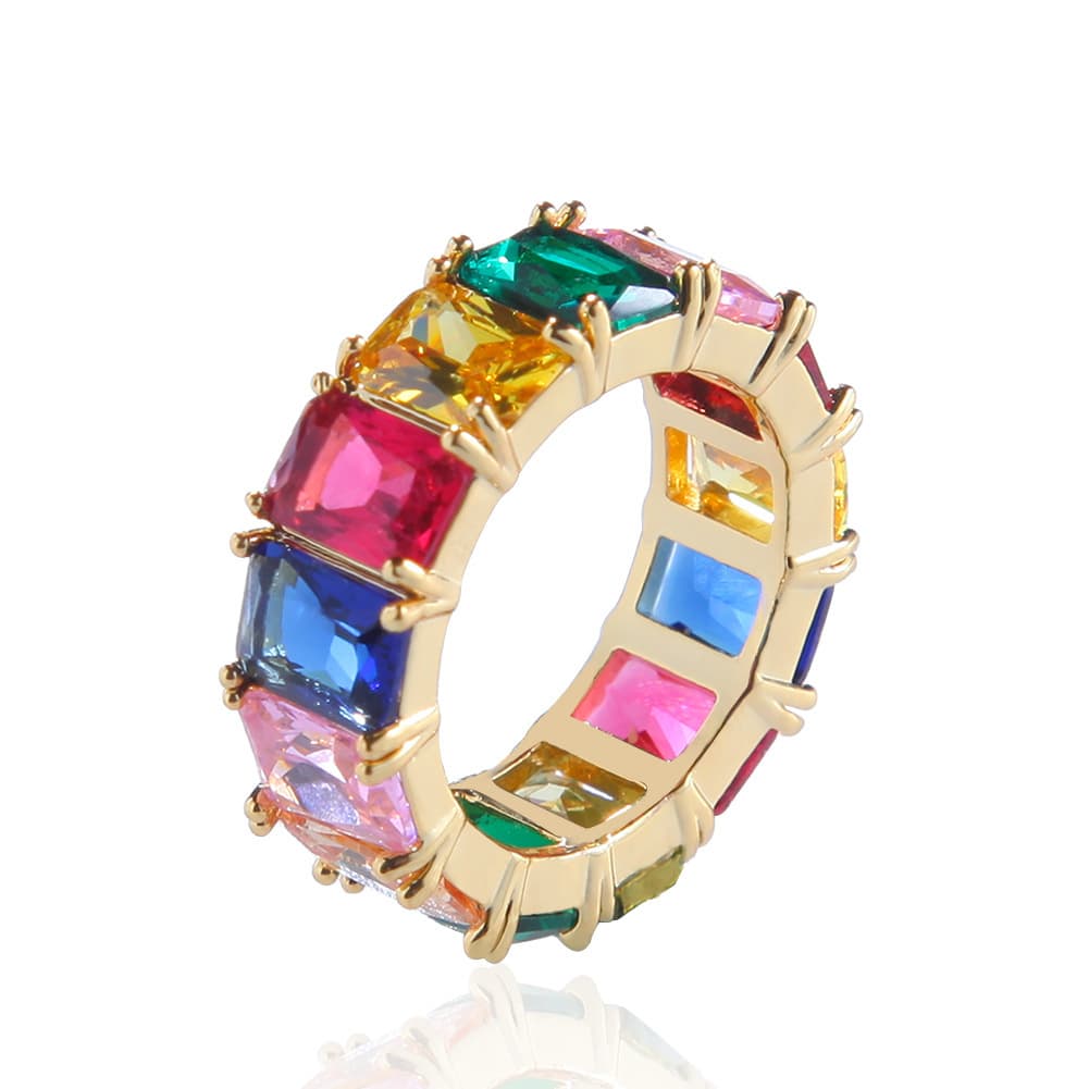 Colorful Rectangular Hip-Hop Ring in 18K Gold Plating