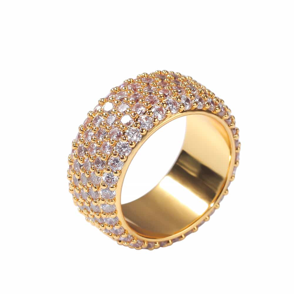 Five-Row Full Diamond Encrusted Hip-Hop Ring in 18K Gold Plating