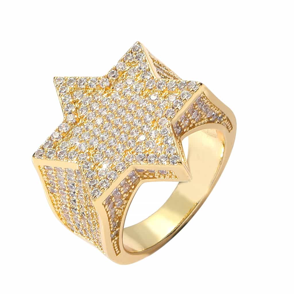 Emerald Five-Pointed Star Hexagonal Fully Diamond-Encrusted Ring