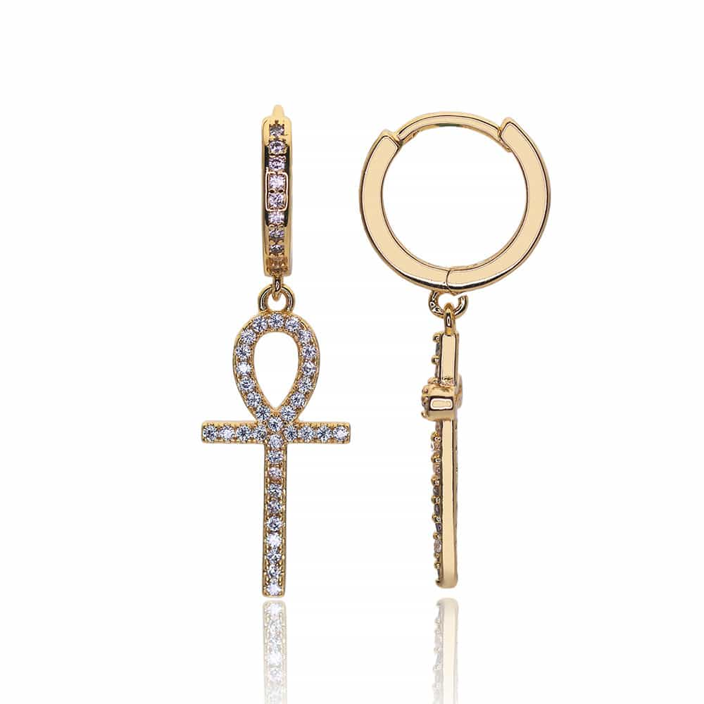 18K Gold Iced-Out Cross Earrings with Diamond Inlay