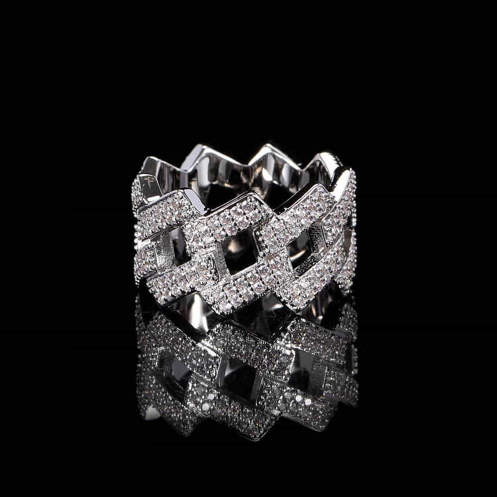 14mm Double-Row Diamond Rhombus Cuban Ring in 18K Gold