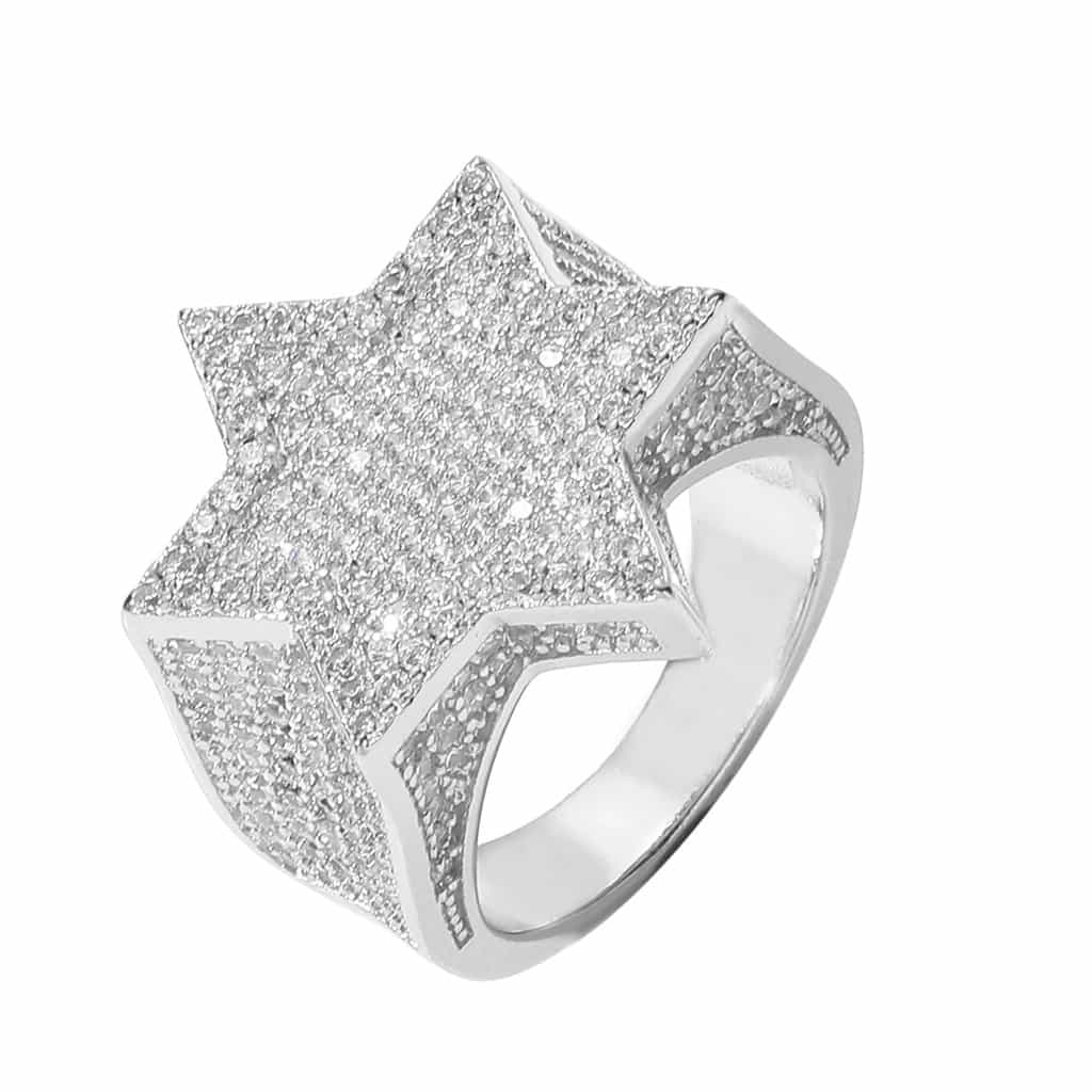 Emerald Five-Pointed Star Hexagonal Fully Diamond-Encrusted Ring