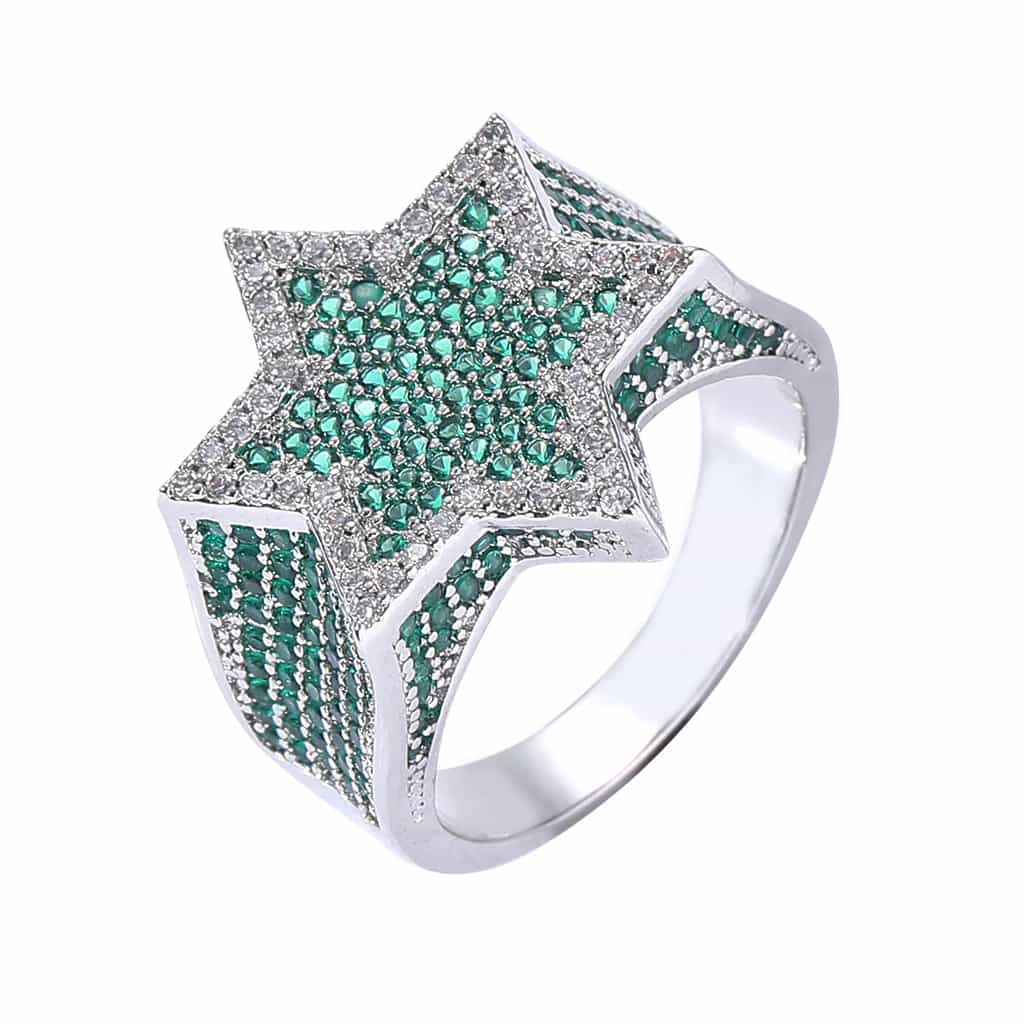 Emerald Five-Pointed Star Hexagonal Fully Diamond-Encrusted Ring