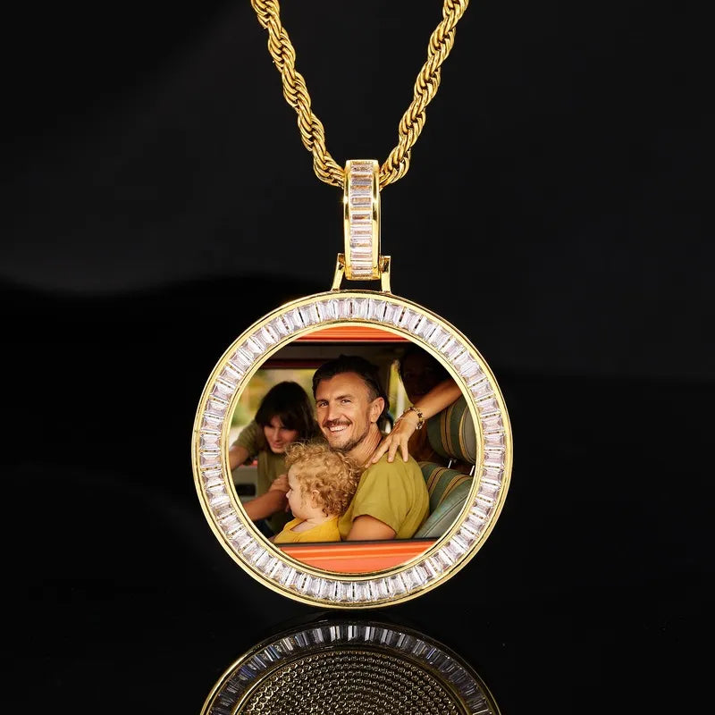 T-square Micro-inlaid Customized Photo Round Pendant in 18k Gold - 38mm